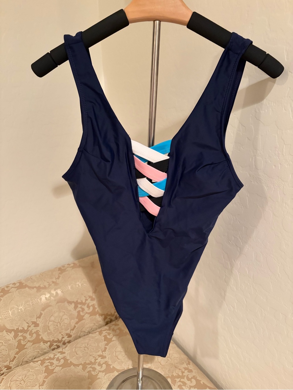 Women’s Navy One-Piece Swimsuit with Pastel Crisscross Back